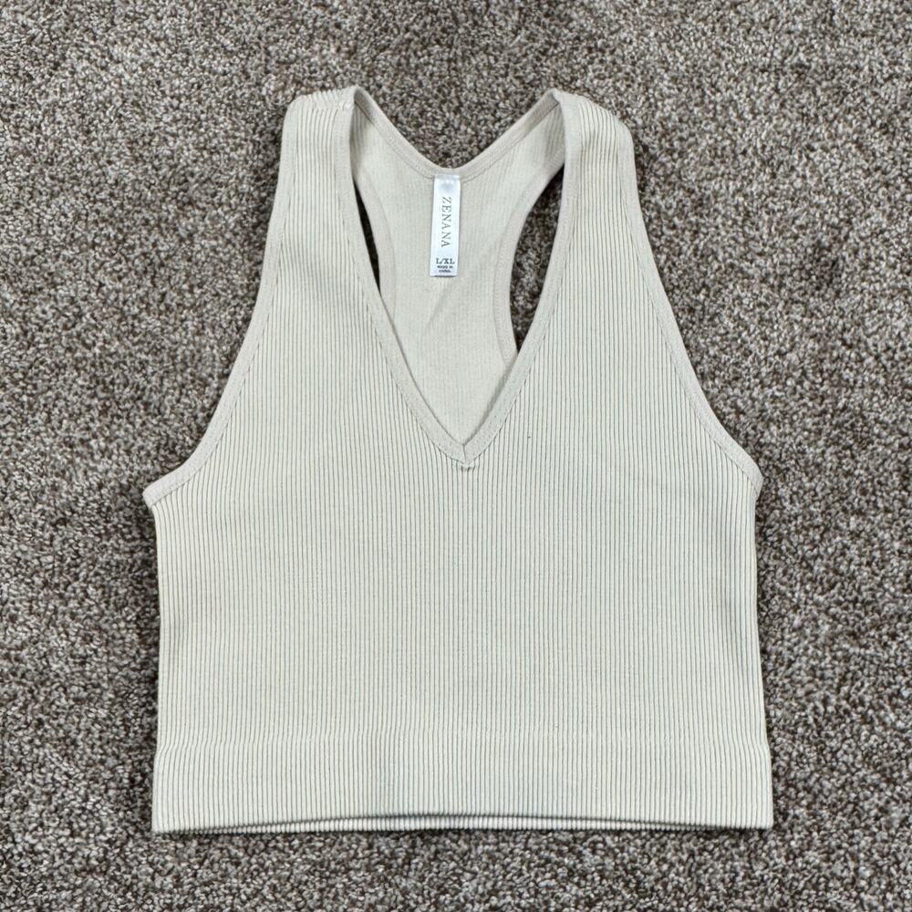 Zenana Racerback Tank Ribbed Cropped V Neck Sand Beige L/XL Boho Summer New